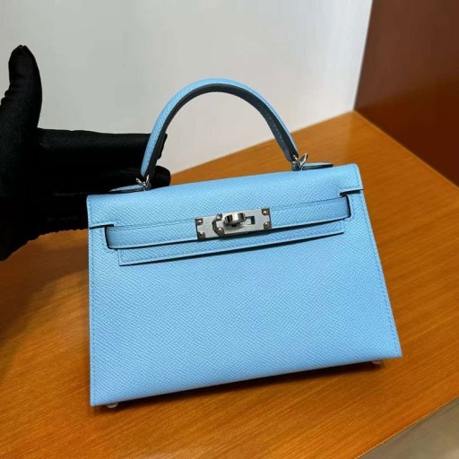 Mini Kelly Epsom 7N Bonbon Bleu Argent Matériel 19cm Pleine Main Phw