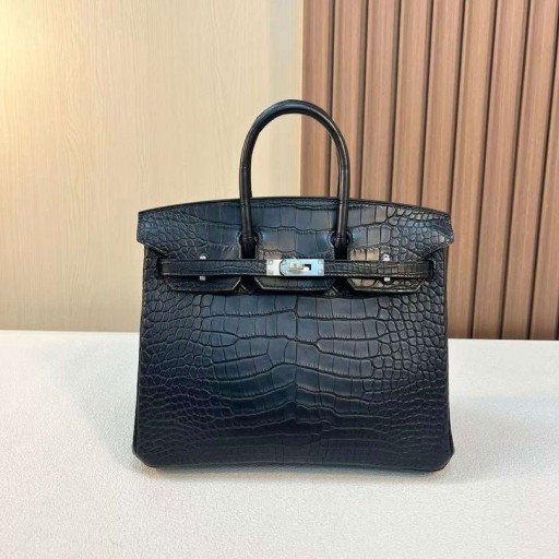 Birkin Mat Alligator Ck89 Noir Argent Matériel 25cm Pleine Main Phw
