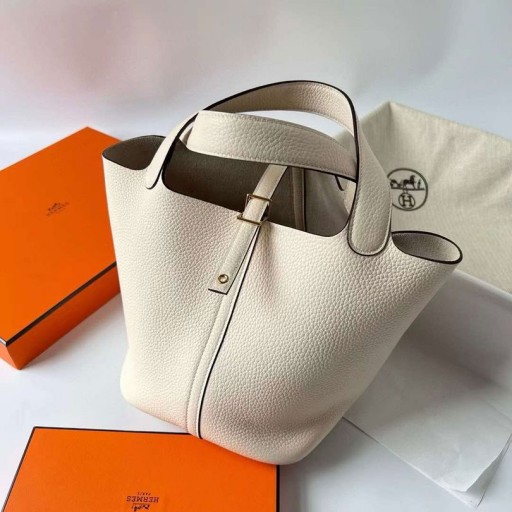 Picotin Clemence TC Cuir I2 Blanc Crème, du Matériel d'Or 18cm Pleine Main Ghw