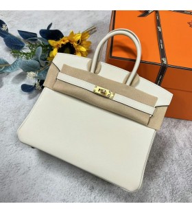 Birkin Swift Ck10 Craie Blanche du Matériel d'Or de 25 cm à Plein fait à la Main