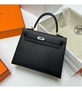 Kelly Epsom Ck89 Noir Argent Matériel Phw 25cm à Plein fait à la Main