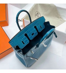 Birkin brillant alligator crocodile 7w Izmir bleu Argent MatÃ©riel 25cm Ã  Plein fait Ã  la Main