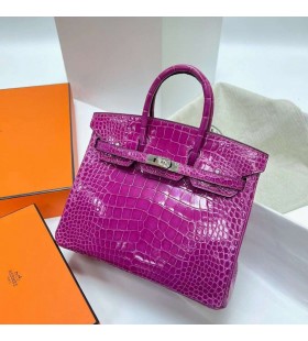 Birkin brillant alligator crocodile j5 Rose Violet Argent Matériel Phw 25cm à Plein fait à la Main