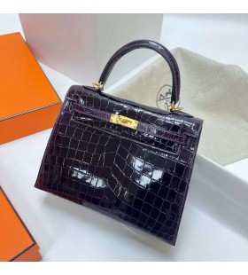 Kelly Brillant Nilo Crocodile 9G Deep Purple Matériel d'Or Ghw 25cm à Plein fait à la Main