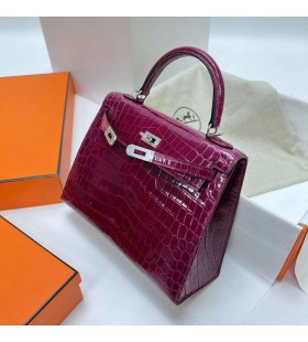 Kelly Brillant Nilo Crocodile Rose Violet Argent MatÃ©riel Phw 25cm Ã  Plein fait Ã  la Main