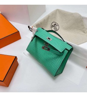 Mini Kelly Pochette Mat Alligator Crocodile 6W vert Menthe Argent MatÃ©riel Phw 22cm Plein fait Ã  la Main
