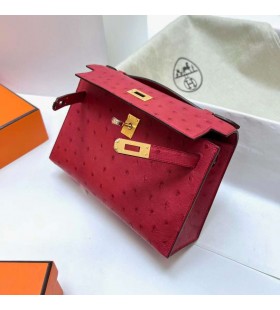 Mini Kelly Pochette de l'Autruche Ck53 Rouge Vif d'Or Matériel Ghw 22cm Plein fait à la Main