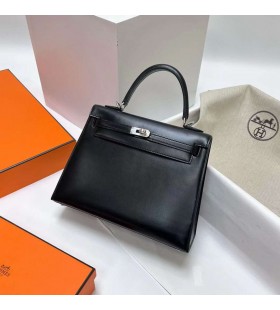 Kelly Boîte en Cuir Ck89 Noir Argent Matériel Phw 25cm à Plein fait à la Main