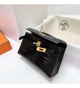 Mini Kelly Pochette Brillante alligator crocodile ck89 Or Noir Matériel Ghw 22cm Plein fait à la Main