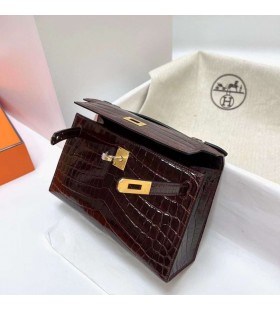 Mini Kelly Pochette Brillante nilo crocodile cc31 Brun FoncÃ© MatÃ©riel d'Or Ghw 22cm Plein fait Ã  la Main