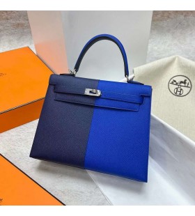 Kelly Epsom Ck73 Gem Bleu & O8 Lumineux Bleu & Brun Doré en métal Argenté Phw 25cm à Plein fait à la Main