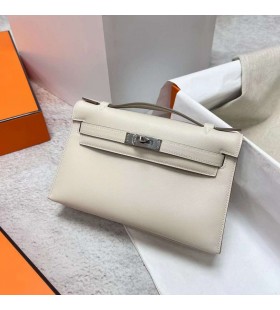 Mini Kelly Pochette Swift Ck10 Blanc crème en métal Argenté Phw 22cm Plein fait à la Main