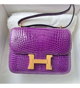 Des nations unies de Constance Brillant Alligator Crocodile 9W Deep Purple Matériel d'Or Ghw 18cm Plein fait à la Main