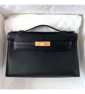 Mini Kelly Pochette Swift Ck89 Or Noir Matériel Ghw 22cm Plein fait à la Main