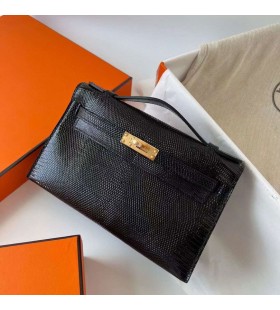 Mini Kelly Pochette LÃ©zard Ck89 Or Noir MatÃ©riel Ghw 22cm Plein fait Ã  la Main