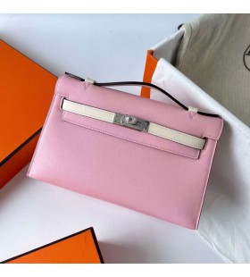 Mini Kelly Pochette Swift T3 Rose & i2 Blanc crÃ¨me en mÃ©tal ArgentÃ© Phw 22cm Plein fait Ã  la Main