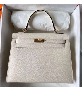 Kelly Epsom I2 Riz Blanc MatÃ©riel d'Or Ghw 25cm Ã  Plein fait Ã  la Main