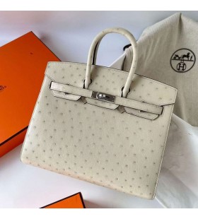 Birkin Autruche 3C Laine blanc Argent Hardware Phw 25cm Ã  Plein fait Ã  la Main