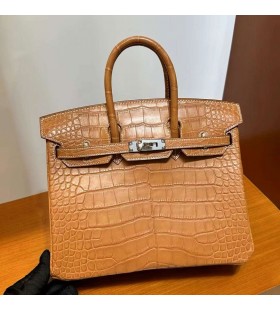 Birkin Mat Alligator crocodile Ck37 Or Brun Argent Matériel 25cm Pleine Main Phw