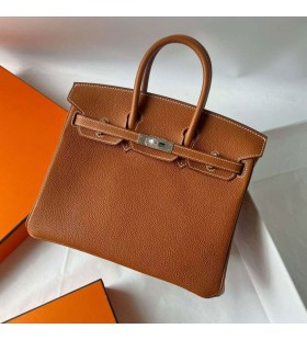 Sacs Birkin Barénia Cc34 Profonde de l'Or Brun Argent Matériel 25cm Pleine Main Phw
