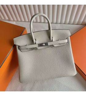 Birkin Togo I2 Blanc CrÃ¨me en mÃ©tal ArgentÃ© de 25 cm Ã  Plein fait Ã  la Main Phw