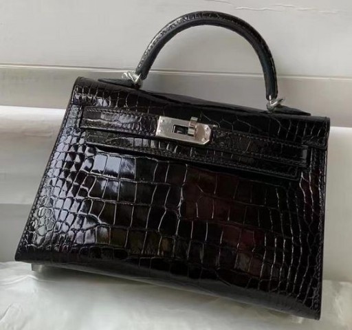 Mini Kelly Alligator Glänzend Schwarz 02-Silber-Hardware-19cm Volle Handgemachte