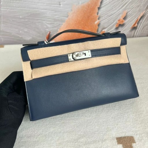 Mini Kelly Pochette Swift Ck75 Edelstein blau Silber Hardware Phw 22cm Volle Handgemachte