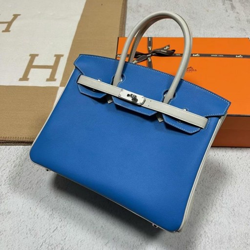 Birkin Hss Swift T7 Bright blue & Ck80 Perle Grau Silber Hardware-30cm Volle Handgemachte