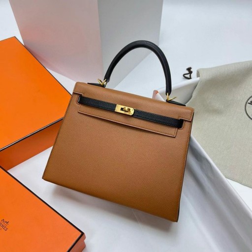 Kelly Hss Epsom Ck37 Golden Brown & Ck89 Schwarz-Gold-Hardware-Mghw 25cm Volle Handgemachte