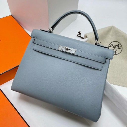 Kelly Swift J7 Leinen blau Silber Hardware Phw 32cm Volle Handgemachte