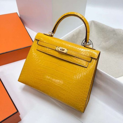Kelly Shiny alligator-Krokodil-9D Bernstein gelb mit Gold-Hardware 25 cm Volle Handgemachte