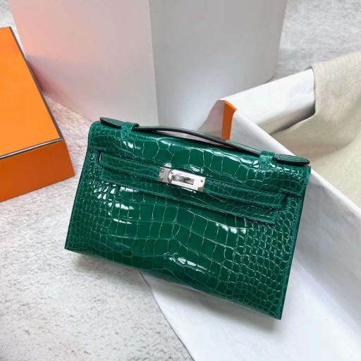 Mini Kelly Pochette Shiny Alligator-Krokodil-6Q jade grün, Silber Hardware Phw 22cm Volle Handgemachte