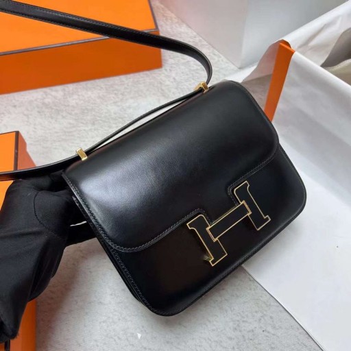 Konstanz Boxcalf Ck89 Schwarzer Emaille Schnalle Gold Hardware Ghw 18cm Volle Handgemachte