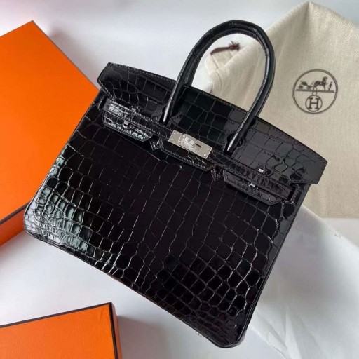 Birkin Glänzende Nilo Crocodile Ck89 Schwarz Silber Hardware Phw 25cm Volle Handgemachte