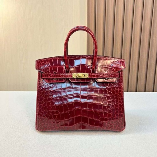 Birkin Shiny Alligator Ck55 Bordeaux-rot mit Gold-Hardware 25 cm Volle Handgemachte Ghw