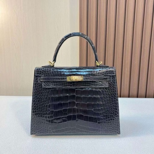 Kelly Shiny Alligator Krokodil Ck88 Graphit-Grau Gold-Hardware-25cm Volle Handgemachte Ghw