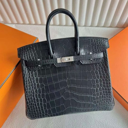 Birkin Matte Alligator Krokodil Ck89 Schwarz Silber Hardware-25cm Volle Handgemachte Phw