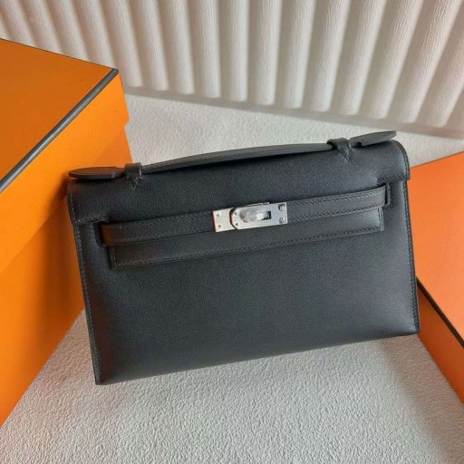 Mini Kelly Pochette Swift Ck89 Schwarz Silber Hardware-25cm Volle Handgemachte Phw