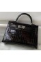 Mini Kelly Alligator Glänzend Schwarz 02-Silber-Hardware-19cm Volle Handgemachte