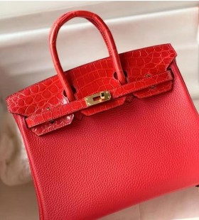 Birkin Togo & glänzende Krokodil hell-rot-Gold-Hardware-25cm Volle Handgemachte