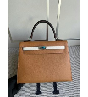 Kelly Epsom Ck37 Gold & Ck10 Creamy white & Ck89 Schwarz Silber Hardware-25cm Volle Handgemachte