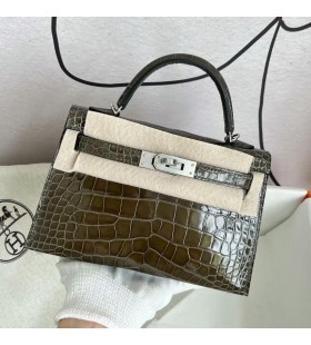 Mini Kelly Shiny Alligator-Krokodil-6H Olive grün Silber Hardware PHW 19cm Volle Handgemachte