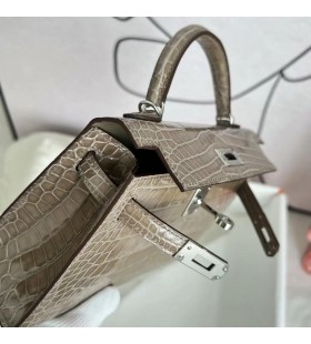 Mini Kelly Shiny Alligator-Krokodil-Ck18 Etoupe Grau Silber Hardware PHW 19cm Volle Handgemachte