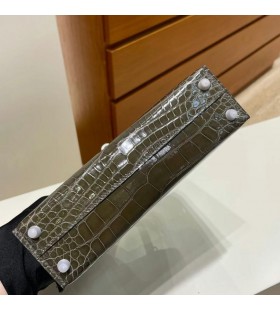 mini Kelly Shiny Alligator 8G Dark Olive grün Silber Hardware PHW 19cm Volle Handgemachte