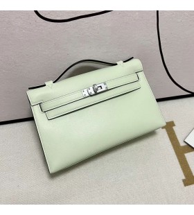Mini Kelly Pochette Swift 0S Licht grün Silber Hardware-22cm Volle Handgemachte
