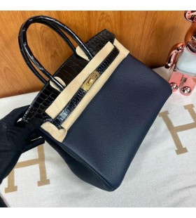 Birkin Touch Togo & gl&Atilde;&curren;nzende Krokodil-2Z Dunkel blau-Gold-Hardware-30cm Volle Handgemachte