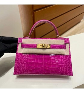 Mini Kelly Shiny Alligator J5 Rose-Violett-Gold-Hardware-Ghw 19cm Volle Handgemachte