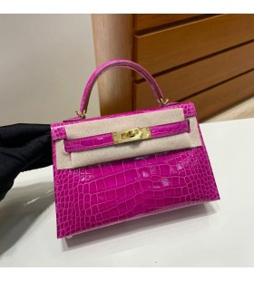 Mini Kelly Shiny Alligator J5 Rose-Violett-Gold-Hardware-Ghw 19cm Volle Handgemachte