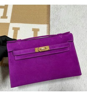 Mini Kelly Pochette Wildleder P9 actiniae-Violett-Gold-Hardware-22cm Volle Handgemachte