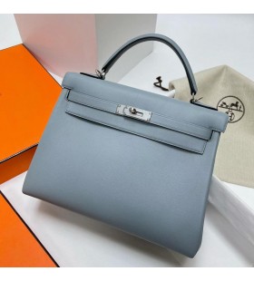 Kelly Swift J7 Leinen blau Silber Hardware Phw 32cm Volle Handgemachte